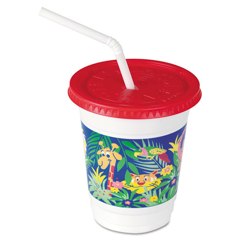Solo Plastic Kids' Cups with Lids/Straws, 12 oz, Jungle Print, 250 Cups, 250 Lids, 250 Straws/Carton (CC12CJ5145)