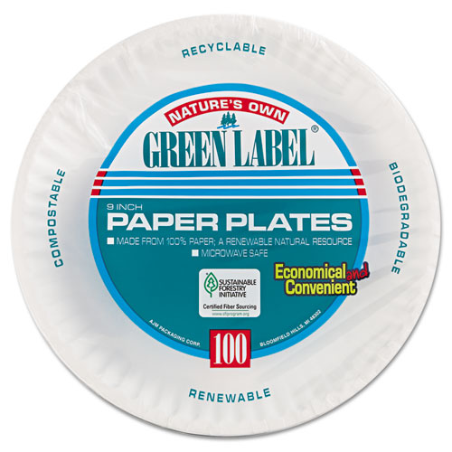 AJM Packaging Paper Plates, 9" dia, White, 100/Pack, 12 Packs/Carton (PP9GRAWH)