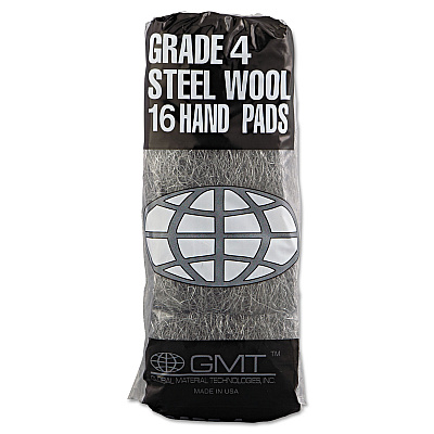 GMT Industrial-Quality Steel Wool Hand Pads, #4 Extra Coarse, Steel Gray, 16 Pads/Sleeve, 12 Sleeves/Carton (GMA117007)