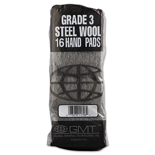 GMT Industrial-Quality Steel Wool Hand Pads, #3 Medium, Steel Gray, 16 Pads/Sleeve, 12 Sleeves/Carton (117006)