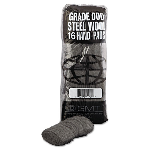 GMT Industrial-Quality Steel Wool Hand Pads, #000 Extra Fine, Steel Gray, 16 Pads/Sleeve, 12 Sleeves/Carton (117001)