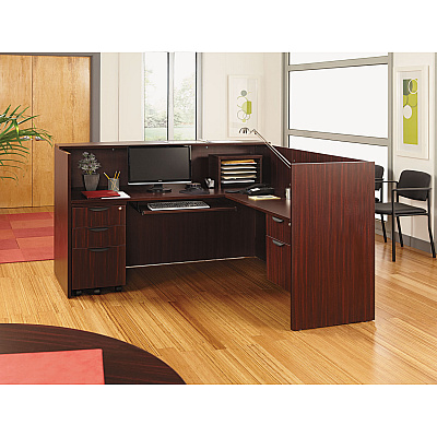 Alera Valencia Series Reception Desk with Transaction Counter, 71" x 35.5" x 29.5" to 42.5", Mahogany (ALEVA327236MY)