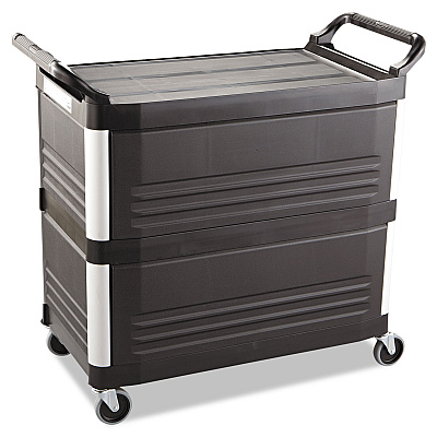 Rubbermaid Commercial Xtra Utility Cart with Enclosed Sides and Back, Plastic, 3 Shelves, 300 lb Capacity, 20" x 40.63" x 37.8", Black (RCP4093BLA)