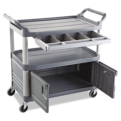 Rubbermaid Commercial Xtra Instrument Cart with Locking Storage Area, Plastic, 3 Shelves, 300 lb Capacity, 20" x 40.63" x 37.8", Gray (RCP4094GRA)