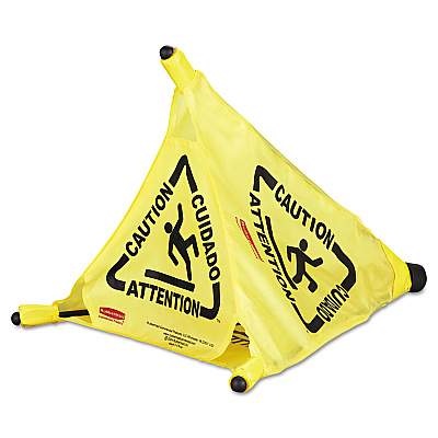 Rubbermaid Commercial Multilingual Pop-Up Safety Cone, 3-Sided, Fabric, 21 x 21 x 20, Yellow (RCP9S00YEL)