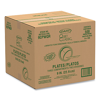 Dart Quiet Classic Laminated Foam Plates, 3-Compartment Plate, 9" dia, White, 125/Pack, 4 Packs/Carton (DCC9CPWQR)