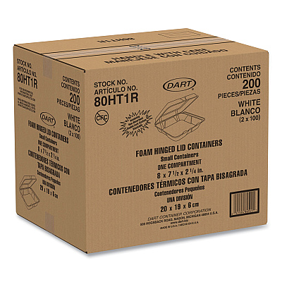 Dart Foam Hinged Lid Containers, 7.5 x 8 x 2.2, White, 200/Carton (DCC80HT1R)