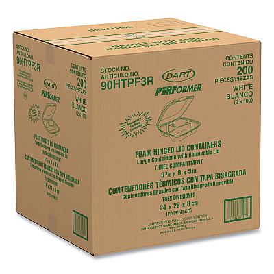 Dart Foam Hinged Lid Container, Performer Perforated Lid, 3-Compartment, 9 x 9.4 x 3, White, 100/Bag, 2 Bag/Carton (DCC90HTPF3R)