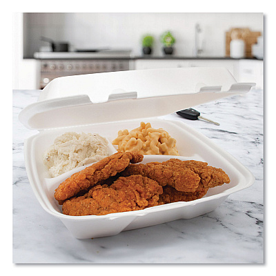 Dart Foam Hinged Lid Container, Performer Perforated Lid, 3-Compartment, 9 x 9.4 x 3, White, 100/Bag, 2 Bag/Carton (DCC90HTPF3R)