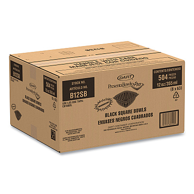 Dart PresentaBowls Pro Black Square Bowls, 12 oz, 5 x 5 x 2, Black, Plastic, 63/Bag, 8 Bags/Carton (DCCB12SB)