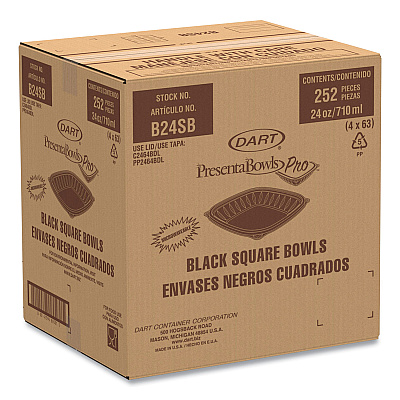 Dart PresentaBowls Pro Black Square Bowls, 24 oz, 8.5 x 8.5 x 1.8, Plastic, 63/Bag, 4 Bags/Carton (DCCB24SB)