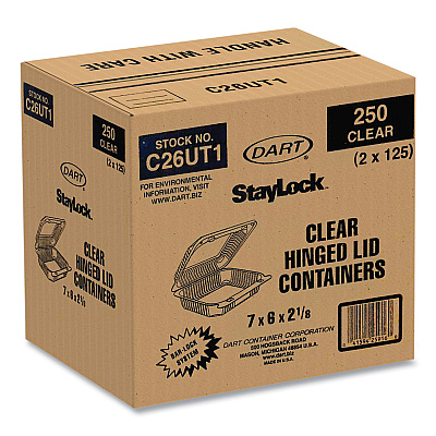 Dart StayLock Clear Hinged Lid Containers, 6 x 7 x 2.1, Clear, Plastic, 125/Packs, 2 Packs/Carton (DCCC26UT1)