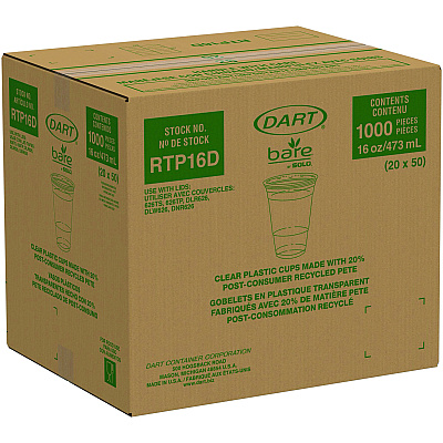 Dart Bare Eco-Forward RPET Cold Cups, ProPlanet Seal, 16 oz to 18 oz, Leaf Design, Clear, 50/Pack, 20 Packs/Carton (DCCRTP16DBARECT)