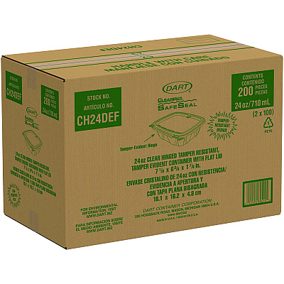 Dart ClearPac SafeSeal rPET Tamper-Resistant Container, ProPlanet Seal, Flat Lid, 24oz, 6.4 x 1.9 x 7.1, Clear, 100/Bag, 2 Bags/CT (DCCCH24DEF)