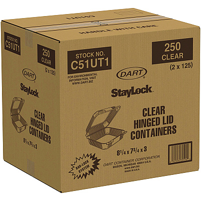 Dart StayLock Clear Hinged Lid Containers, 7.8 x 8.3 x 3, Clear, Plastic, 125/Bag, 2 Bags/Carton (DCCC51UT1)