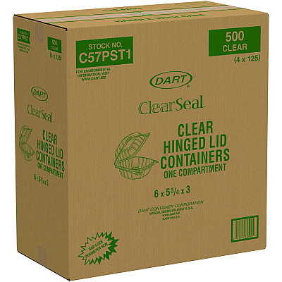 Dart ClearSeal Hinged-Lid Plastic Containers, 5.8 x 6 x 3, Clear, Plastic, 125/Pack, 4 Packs/Carton (DCCC57PST1)