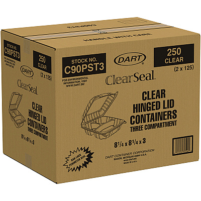 Dart ClearSeal Hinged-Lid Plastic Containers, 8.25 x 8.25 x 3, Clear, Plastic, 125/Pack, 2 Packs/Carton (DCCC90PST3)