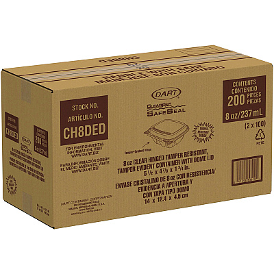 Dart ClearPac SafeSeal Tamper-Resistant/Evident Containers, Domed Lid, 8 oz, 4.9 x 1.9 x 5.5, Clear, Plastic, 100/Bag, 2 Bags/CT (DCCCH8DED)