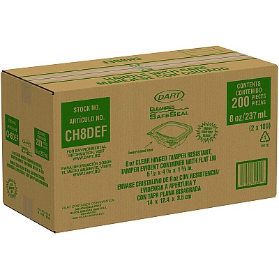 Dart ClearPac SafeSeal Tamper-Resistant/Evident Containers, Flat Lid, 8 oz, 4.9 x 1.4 x 5.5, Clear, Plastic, 100/Bag, 2 Bags/CT (DCCCH8DEF)