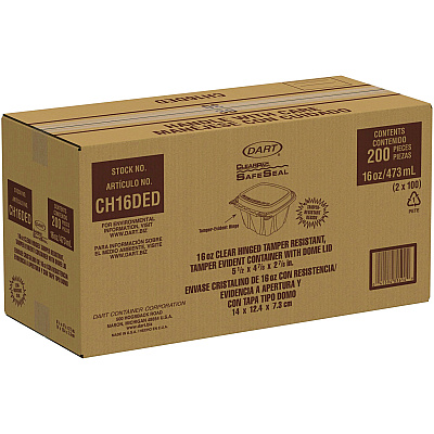 Dart ClearPac SafeSeal Tamper-Resistant/Evident Containers, Domed Lid, 16 oz, 4.9 x 2.9 x 5.5, Clear, Plastic, 100/Bag, 2 Bags/CT (DCCCH16DED)