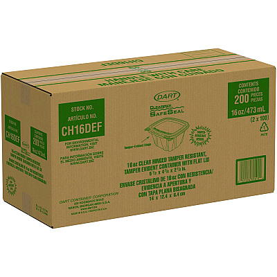 Dart ClearPac SafeSeal Tamper-Resistant/Evident Containers, Flat Lid, 16 oz, 4.9 x 2.5 x 5.5, Clear, Plastic, 100/Bag, 2 Bags/CT (DCCCH16DEF)