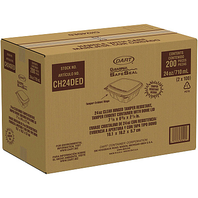 Dart ClearPac SafeSeal Tamper-Resistant/Evident Containers, Domed Lid, 24 oz, 6.4 x 2.3 x 7.1, Clear, Plastic, 100/Bag, 2 Bags/CT (DCCCH24DED)