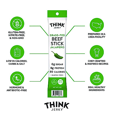Think Jerky Jalapeno 100% Grass-Fed Beef Sticks, 1 oz Individually Wrapped Sticks, 20/Carton (GRR33700003)