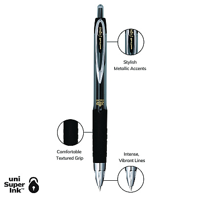 uniball Signo 207 Gel Pen, Retractable, Fine 0.5 mm, Black Ink, Smoke/Black Barrel, 4/Pack (UBC61270)