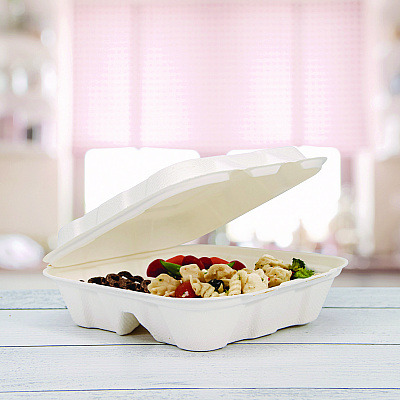 Dart Compostable Fiber Hinged Trays, ProPlanet Seal, 3-Compartment, 8.03 x 8.4 x 1.93, Ivory, Molded Fiber, 200/Carton (DCCHC8FBR3)