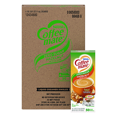 Coffee-mate Liquid Coffee Creamer, Zero Sugar Hazelnut, 0.38 oz Mini Cups, 50/Box, 4 Boxes/Carton (NES98468CT)
