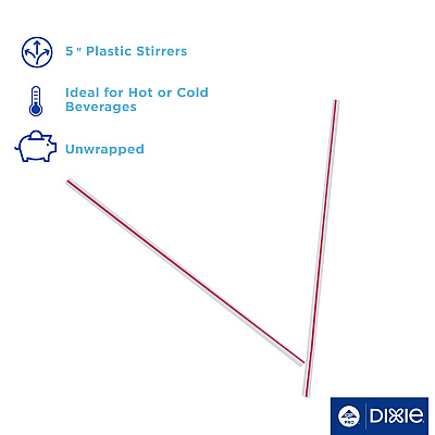 Dixie Unwrapped Hollow Stir-Straws, 5.5", Plastic, White/Red Stripe, 1,000/Box (DXEHS5CCXX)