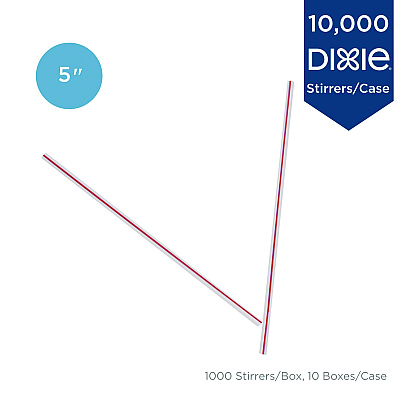 Dixie Unwrapped Hollow Stir-Straws, 5.5", Plastic, White/Red Stripe, 1,000/Box (DXEHS5CCXX)