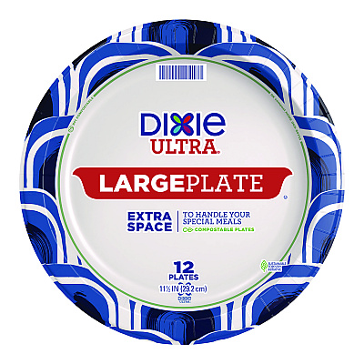 Dixie Heavy Duty Disposable Dinnerware, Large Plate, 11.5" dia, Floral, Blue/Yellow/White, 12/Pack (DXE16217)