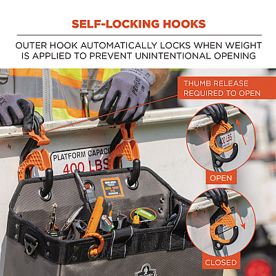 ergodyne Squids 3178 Locking Aerial Bucket Hook, Tethering Point, 8.27 x 6.69 x 2.17, Black/Orange, Supports 40 lbs (EGO19178)