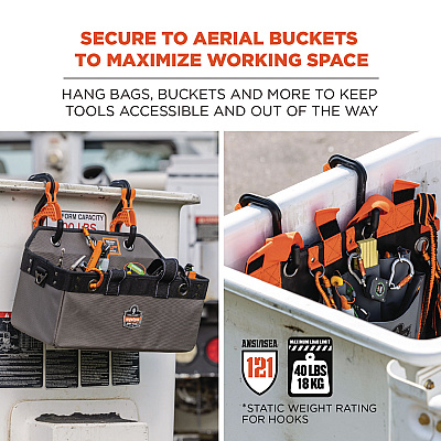 ergodyne Squids 3178 Locking Aerial Bucket Hook, Tethering Point, 9.06 x 7.09 x 2.17, Black/Orange, Supports 40 lbs, 2/Pack (EGO19279)