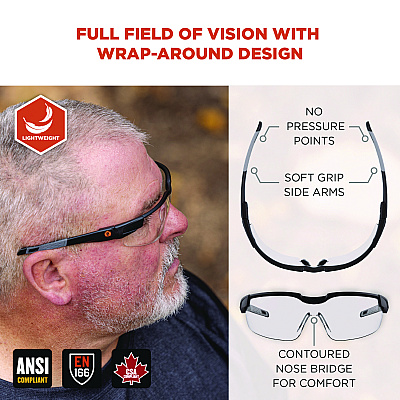 ergodyne Skullerz DELLENGER Anti-Scratch/Enhanced Anti-Fog Safety Glasses with Adjustable Temples, Black Frame, Clear Polycarb Lens (EGO50066)
