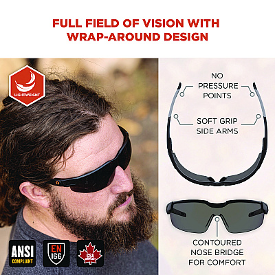 ergodyne Skullerz DELLENGER Anti-Scratch/Enhanced Anti-Fog Safety Glasses w/ Adjustable Temples, Black Frame, Smoke Polycarbonate Lens (EGO50067)