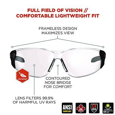 ergodyne Skullerz SAGA Anti-Scratch/Enhanced Anti-Fog Safety Glasses, Matte Black Frameless, Clear Polycarbonate Lens (EGO59105)