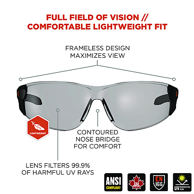 ergodyne Skullerz SAGA Anti-Scratch/Anti-Fog Safety Glasses, Matte Black Frameless, Indoor/Outdoor Polycarbonate Lens (EGO59185)