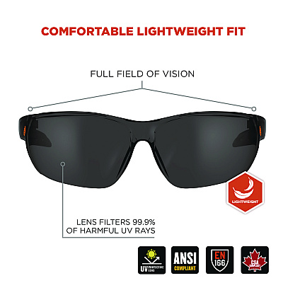 ergodyne Skullerz VALI Anti-Scratch/Enhanced Anti-Fog Safety Glasses, Matte Black Frameless, Smoke Polycarbonate Lens (EGO59235)