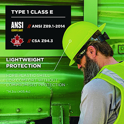 ergodyne Skullerz 8969 Class E Lightweight Full Brim Hard Hat, 6-Point Rachet Suspension, Lime (EGO60232)