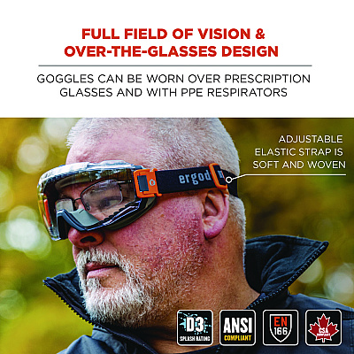 ergodyne Skullerz MODI OTG Anti-Scratch and Enhanced Anti-Fog Safety Goggles with Elastic Strap, Clear Lens (EGO60300)