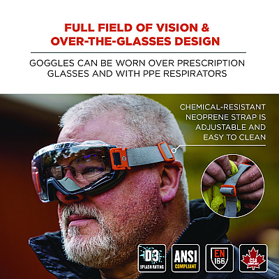 ergodyne Skullerz MODI OTG Anti-Scratch and Enhanced Anti-Fog Safety Goggles with Neoprene Strap, Clear Lens (EGO60302)
