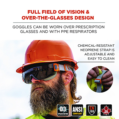 ergodyne Skullerz MODI OTG Anti-Scratch and Enhanced Anti-Fog Safety Goggles with Neoprene Strap, Smoke Lens (EGO60303)