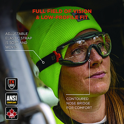 ergodyne Skullerz ARKYN Anti-Scratch and Enhanced Anti-Fog Safety Goggles with Elastic Strap, Clear (EGO60308)