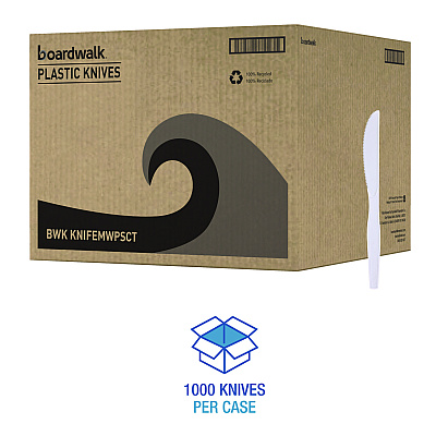 Boardwalk Mediumweight Polystyrene Cutlery, Knife, White, 10 Boxes of 100/Carton (BWKKNIFEMWPSCT)