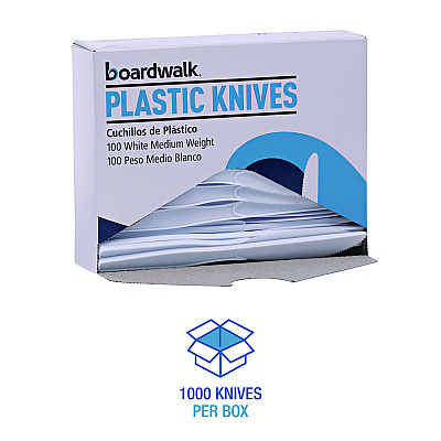 Boardwalk Mediumweight Polystyrene Cutlery, Knife, White, 10 Boxes of 100/Carton (BWKKNIFEMWPSCT)