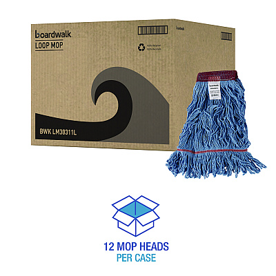 Boardwalk Cotton Mop Heads, Cotton/Synthetic, Large, Looped End, Wideband, Blue, 12/CT (BWKLM30311L)