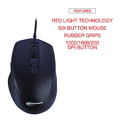 Innovera Full-Size Wired Optical Mouse, USB 2.0, Right Hand Use, Black (IVR61014)