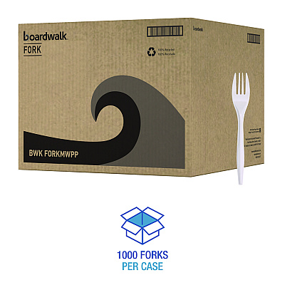 Boardwalk Mediumweight Polypropylene Cutlery, Fork, White, 1000/Carton (BWKFORKMWPP)
